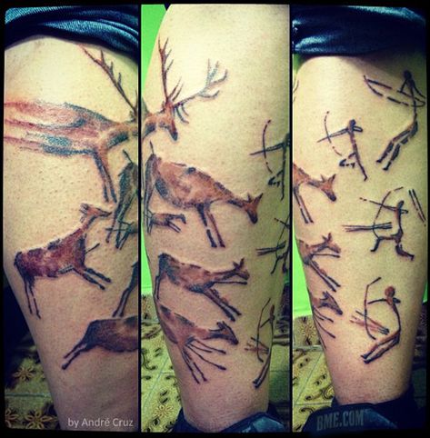 cavepainting-tattoo Cave Tattoo For Men, Anthropology Tattoo Ideas, Cave Painting Tattoo, Anthropology Tattoo, Cave Paintings Tattoo, Archery Tattoo, Pagan Tattoo, Pre Historic Art Cave Painting, Paleolithic Art