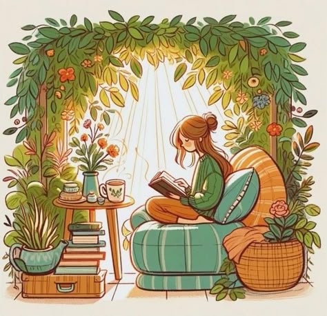 Reading Nook Illustration, Cozy Drawing Ideas, Hygge Style Interior Design, Library Illustration, Book In Hand, 동화 삽화, Beloved Book, Reading Art, Girly Art Illustrations