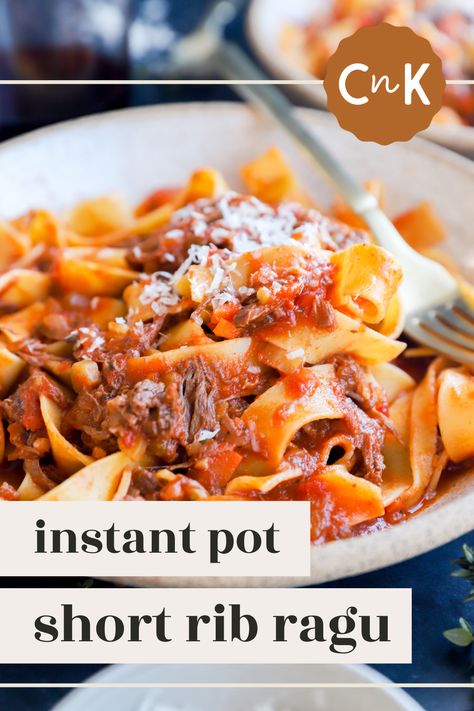 Instant Pot Short Rib Ragu is ready in just one hour and it’s so easy to make! With simple ingredients and tender beef, the rich and flavorful sauce is truly the perfect winter meal. Serve it on pasta, mashed potatoes, gnocchi, and more. Mashed Potatoes Gnocchi, Instant Pot Bolognese, Short Rib Ragu, Beef Bolognese, Beef Ragu, Ragu Recipe, Pappardelle Pasta, Short Rib, Fall Dinner Recipes