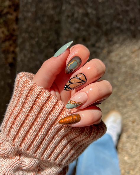 fall mix & match 🍂🙂‍↕️ @lightslacquer cold turkey, mrs robinson, & espresso @mooncat bootlegger literally can’t stop adding 3d gel to nail looks, it really elevates everything!! this might be one of my fav looks i have created in a while, inspo came from pinterest 🦋🫶🏼🍂 Fall Nails Art Design, Cool Brown Nails, Turkey Nail Ideas, Cute Nail Acrylic Designs, Fall Nails With Butterflies, Long Almond Fall Nails, Nails Gel Design Ideas, Turquoise And Brown Nails, 3d Nails Fall