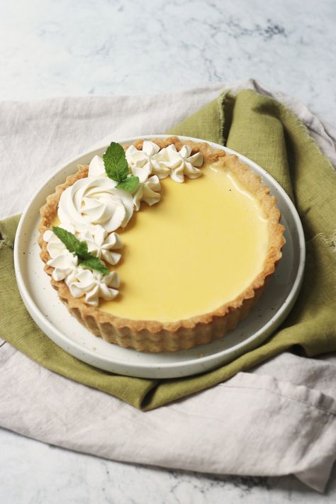 Vegan Tart au Citron (Vegan Lemon Tart) - Supper in the Suburbs Vegan Lemon Pie, Vegan Lemon Tart, Vegan Lemon Tart Recipe, Vegan Caramel Tart, Vegan Custard Tart, Lemon Tart Food Photography, Shortcrust Pastry Recipes, Vegan Tarts, Vegan Whipped Cream