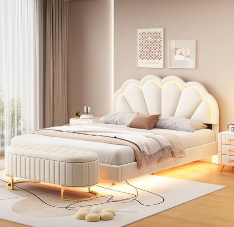 LED Floating Queen Bed Frame with Ottoman, Upholstered Platform Bed with Shell Shaped Headboard, Modern 2-Piece Bedroom Set for Kids Girls Boys Teens Adults, No Box Spring Needed, Beige, Queen Size #fun #bedroom #teen Velvet Storage, Led Beds, Bed With Led Lights, Led Bed Frame, Platform Bed With Storage, Traditional Bed, Bed With Storage, Bedroom Sets Queen, Beds And Headboards