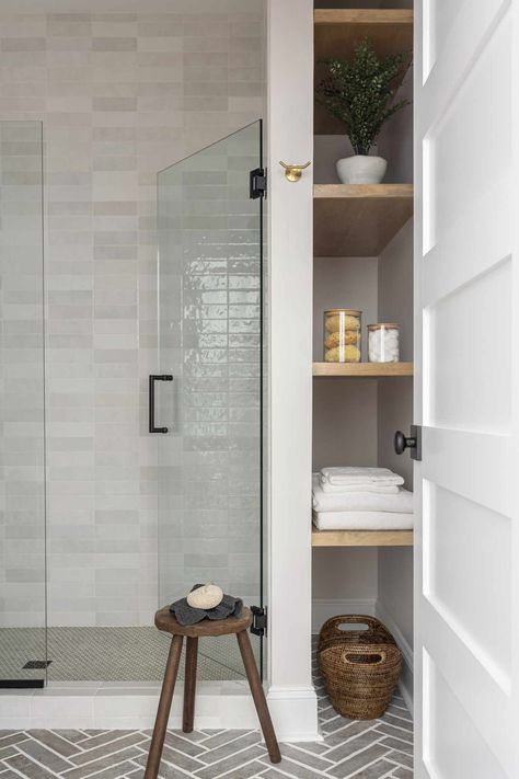 Warm Bathroom, Recessed Cabinet, Tidy Bathroom, Spa Shower, Transitional Bathroom, Downstairs Bathroom, Brick Tiles, Basement Bathroom, Bathroom Trends