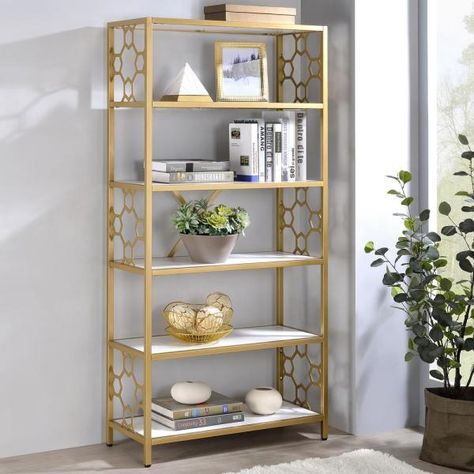 Furniture of America Randalls 63.38 in. Gold Coating and White Metal 5-Shelf Contemporary Standard Bookcase-IDF-AC314 - The Home Depot Work Cubicle Decor, Green Home Offices, Aesthetics Business, Book Shelf Decor, Office Decor For Women, Bookcase White, Work Cubicle, Ocean Beauty, Metal Bookcase