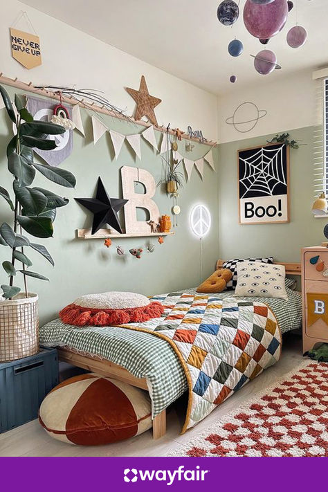 Kids room inspiration, right this way. Bring in colorful bedding, a checkered area rug, and wooden floating shelves to make this look yours. Checkered Area Rug, Kids Room Ideas, Big Boy Bedrooms, Colorful Bedding, Wooden Floating Shelves, Kids Bedroom Inspiration, Toddler Boys Room, Kids Room Inspiration, Toddler Bedrooms