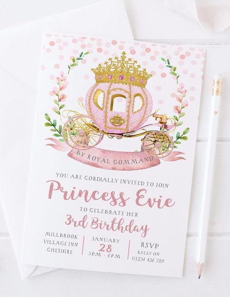 Christening Invitations Girl, Princess Party Invitations, Princess Baby Shower Invitation, Princess Birthday Invitations, Invitations Diy, Pretty Pink Princess, Baby Shower Invitaciones, Girl Christening, Party Invitations Kids