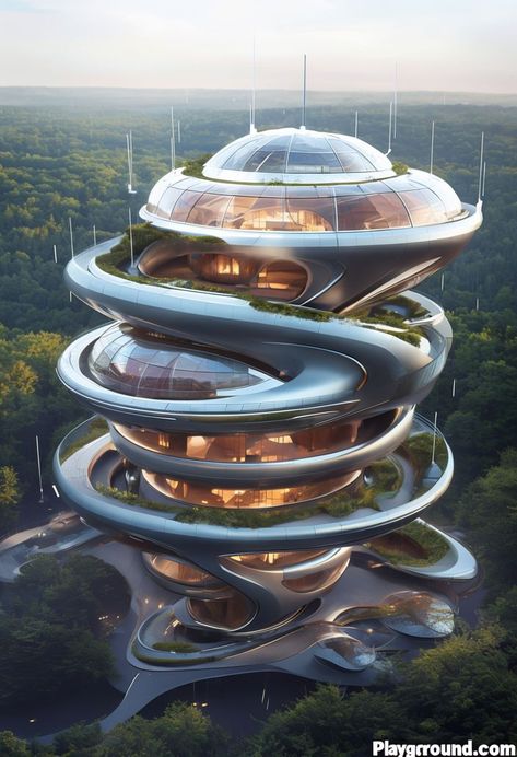 Futuristic Spiraling Structure Amid Forest At Sunset With Glass Domes - Playground Forest Playground, Forest At Sunset, Cool Dance Moves, Cool Dance, Dance Moves, Glass Domes, Forest, Custom Design, Glass