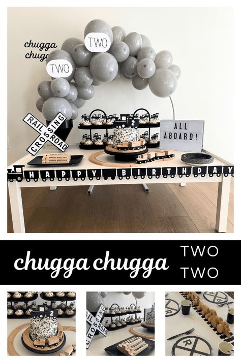 Choo Choo Look Whos Two 2nd Birthday, Chug A Chug A Two Two Birthday, Chugga Chugga Two Two Birthday Cake, Modern Train Birthday Party, Train Birthday Party Two Year Old, Chigga Chugga Two Two Birthday, Birthday Themes For Boys 2nd, Birthday For 2 Year Boy, Chug Chug Two Two Birthday