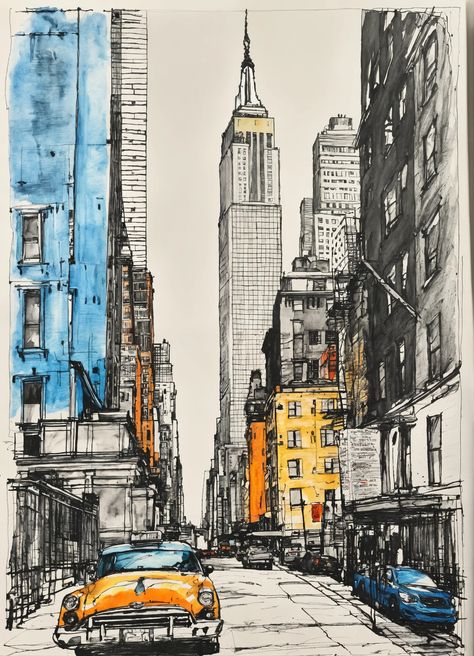 Lexica - Beautiful pen and ink sketch of New York City, minimalist, colored Modern City Sketch, New York Sketchbook, City Pen Drawing, New York City Drawing Sketches, New York Painting Easy, City Art Drawing, Ny Drawing, Nyc Sketch, New York City Sketch