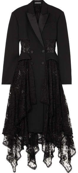 Alexander McQueen - Layered Silk-satin Trimmed Wool-blend And Lace Coat - Black Lace Coat, Peacoats, Tuxedo Dress, Tuxedo Jacket, Lace Panelled, Suit Fashion, Stage Outfits, Kpop Fashion, Gothic Fashion