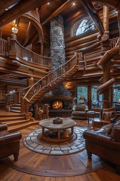 Luxurious log cabin with a spiral staircase, grand stone fireplace, and cozy wooden interiors. Rustic Living Room Designs, Luxury Mountain Homes, Log Cabin Mansions, Mountain Living Room, Cabin Rooms, Beautiful Houses Exterior, Creative Bathroom Design, Neutral Bedroom Design, Rustic Living Room Ideas