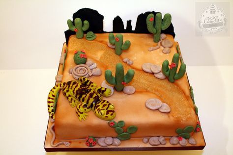 Desert Themed Cake With Handmade Cactus And Gecko By Claudia's Bakery Desert Theme Birthday Cake, Desert Theme Cake Ideas, Desert Themed Cake, Desert Cake Theme, Gecko Cake, Mountain Birthday Party, Sheet Cakes Decorated, Birthday Desert, Racing Cake