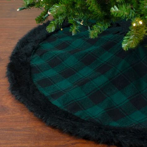 Northlight 48" Green And Black Plaid Christmas Tree Skirt With Faux Fur | Wayfair Black Plaid Christmas Tree, Green And Black Tree Skirt, Red And Black Buffalo Plaid Christmas Tree Skirt, Gothic Christmas Tree Skirt, Buffalo Plaid Tree Skirt, Red And Green Tree Skirt, Plaid Tree Skirt, Res Tree Skirt, Plaid Christmas Tree Skirt