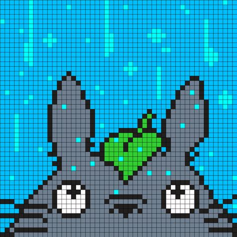 Totoro In The Rain Square Perler Bead Pattern / Bead Sprite by maninthebook Totoro Graph, Totoro Cross Stitch Pattern, Studio Ghibli Perler Bead Patterns, Studio Ghibli Cross Stitch Pattern, Totoro Perler Beads, Totoro Rain, Studio Ghibli Pixel Art, Studio Ghibli Cross Stitch, Ghibli Cross Stitch