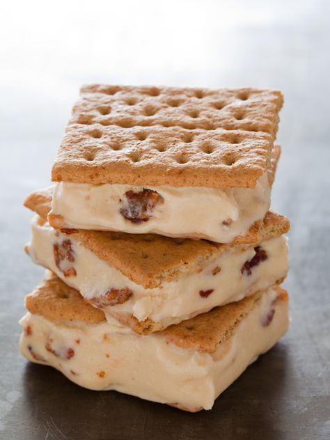 Salted Caramel and Candied Bacon Ice Cream Salted Caramel Ice Cream Cake, Icecream Sandwich Dessert, Salted Caramel Ice Cream Aesthetic, Caramel Bacon, S’mores Ice Cream Sandwich, Salted Caramel Candy, Bacon Ice Cream, Bacon Desserts, I’ve Cream Cookie Sandwich