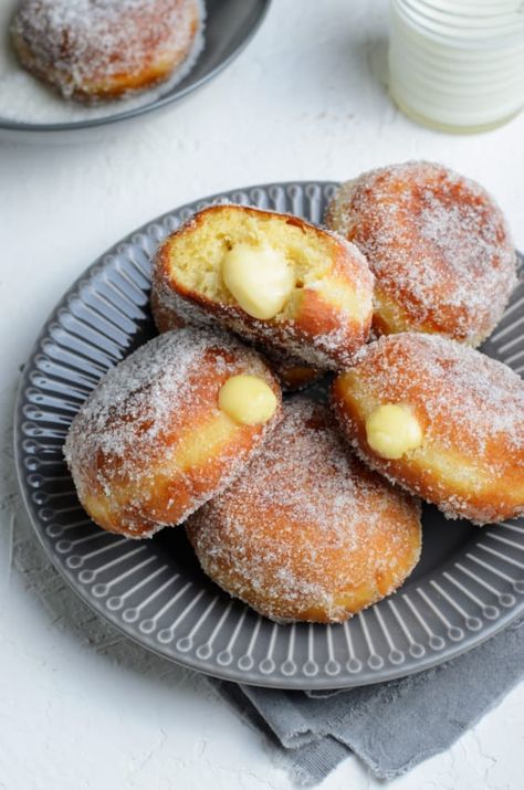 Polish Donuts Recipes, Homemade Paczki, Paczki Recipe, Custard Donuts, Poland Recipes, Cream Donut Recipe, Brioche Donuts, Farmhouse On Boone, Homemade Brioche