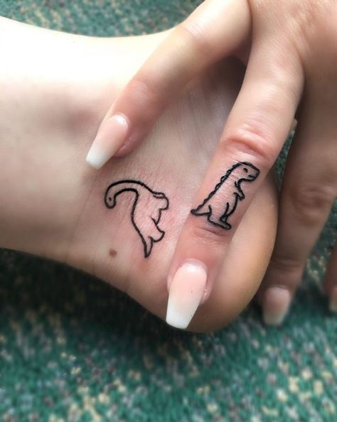 Small Tattoos For 4 Best Friends, Matching Non Matching Tattoos, Matching Dinosaur Tattoos, Best Friend Tats, Small Friend Tattoos, Best Friends Tattoo Ideas, Best Friend Tattoos Matching, Small Dinosaur Tattoo, Small Tattoos Matching