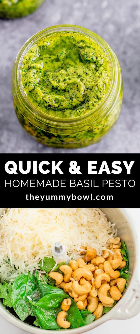 CASHEW BASIL PESTO Pesto With Cashews, Cashew Basil Pesto, Cashew Pesto Recipe, Pasta Fish, Cashew Pesto, Cashew Recipes, Basil Pesto Recipes, White Sauce Pasta, Homemade Condiments