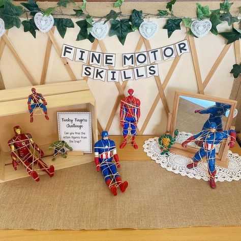 Superhero Play Ideas, Superhero Movement Activities, Superhero Provision Eyfs, Fs2 Classroom Ideas, Hero Preschool Activities, Superhero Continuous Provision, Superhero Maths Activities Eyfs, Funky Fingers Eyfs Motor Skills, Superhero Kids Activities