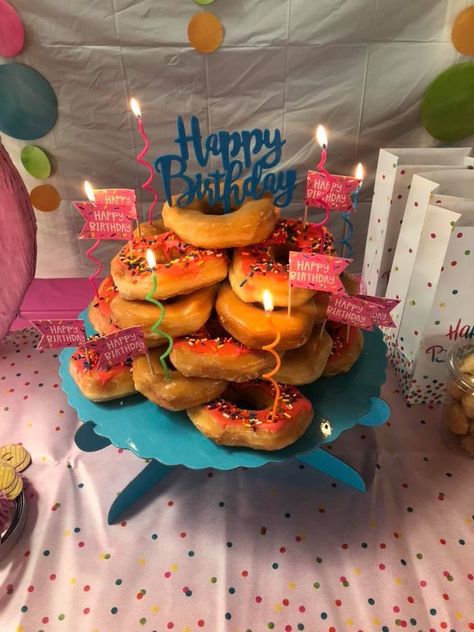 Donut Stack Cake, Donut Tower Birthday, Donut Towers, Tower Birthday Cake, Mini Pastelitos, Donut Birthday Cake, Donut Birthday Party, Donut Tower, Cakes Decor