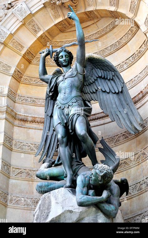 Saint Michael Statue, Saint Michael Angel, Angel Sculpture Art, Archangel Michael Tattoo, Angel Statues Sculpture, Archangel Tattoo, French Things, Statue Tattoo, Hybrid Art