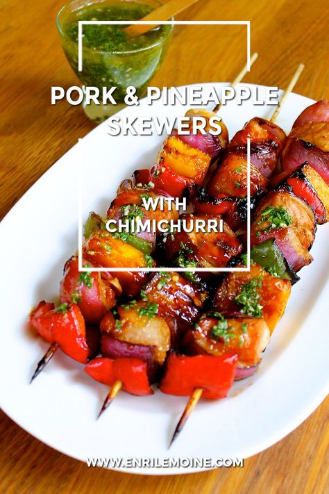 These Grilled Pork & Pineapple Skewers with Chimichurri are simply delicious! Juicy boneless, pork chops, cubed and marinated in a sweet & spicy sauce, and then grilled with pineapple and veggies, glazed, and finally served with a spicy chimichurri sauce. All the tropical colors and flavors for this coming Fourth of July BBQ. Click for the recipe. #Ad #PorkEsSabor via @enrilemoine