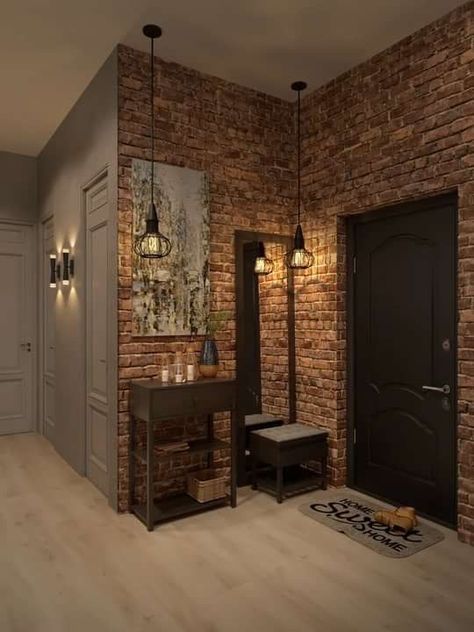 Industrial Living Room Apartment, Brick Wall Living Room Ideas, Loft Entrance, Industrial Entrance, Modern Industrial Interior Design, Brick Living Room, Brick Interior Wall, Brick Interior, Industrial Home Design