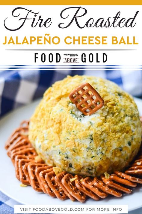 This jalapeño Cheese Ball recipe is a perfect appetizer for any occasion. It is made with extra sharp cheddar cheese and has a subtle spiciness from the fire roasted jalapeños. This jalapeño cheese ball blends smooth cream cheese with extra sharp white cheddar for a fun flavor combo. Plus, the heat is mild, so even the least spice-tolerant guest will enjoy it. (Or you can up the spice with a simple addition.) | @foodabovegold #howtomakeacheeseball #bestcheeseballrecipes #easyeasterappetizers Jalapeño Cheese Ball, Jalapeno Cheeseball Recipes, Roasted Jalapeños, Party Food Bar, Cheese Ball Recipe, Roasted Jalapeno, Extra Sharp Cheddar, Jalapeno Cheese, Football Party Food