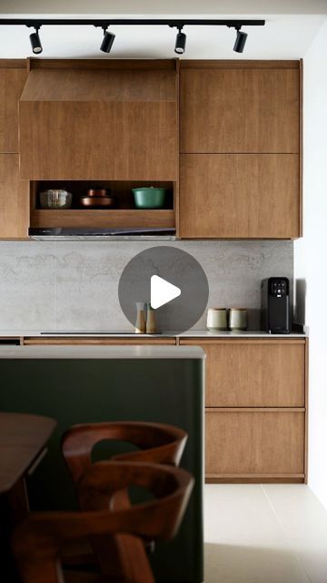 The Local INN.terior 新家室 on Instagram: "Functionality is a big part of what we do, even if keeping it stylish is a priority 😉   The classic contrast of the green kitchen island and the brown cabinets, the soft-closing vertical bifold door and concrete backsplash is a mish-mash of aesthetics that doesn't forgo the importance of keeping your kitchen clean and tidy!   #kitchendesign #homedesign #midcentury" Concrete Backsplash, Green Kitchen Island, Bifold Door, Kitchen Clean, Brown Cabinets, Mish Mash, Green Kitchen, Bifold Doors, Clean Kitchen