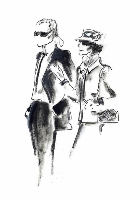 An Imaginary Meeting Between Coco Chanel and Karl Lagerfeld. Original drawing by Karl Lagerfeld. Chanel Karl Lagerfeld, Karl Lagerfeld Fashion, Chanel Art, Michael Kors Designer, Diy Sweatshirt, Gabrielle Chanel, Fashion Wall Art, Illustration Sketches, True Religion Jeans