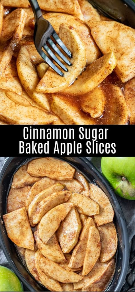 This easy recipe for baked apple slices adds a little cinnamon and sugar to green apples for the perfect fall dessert! Cinnamon and sugar apple slices are baked in the oven until they are bubbling and perfectly cooked. It's like apple pie without the crust! Serve them with a scoop of vanilla ice cream on top for the best apple dessert recipe! #apples #dessert #fall #baked #homemadeinterest Dessert Cinnamon, Baked Apple Slices, Best Apple Desserts, Apple Slice Recipe, Baked Apple Recipes, Apple Recipes Easy, Fall Desserts Easy, Apple Dessert Recipes, Cinnamon Recipes