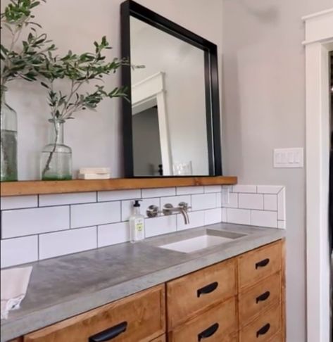 LOVE THE SHELF ABOVE TILE WITH MIRRORS SITTING ON TOP Bathroom Mirror On Shelf, Bathroom Mirror With Floating Shelves, Bathroom Mirror On Tile Wall, Small Shelf Under Bathroom Mirror, Vanity With Shelf Above, Bathroom Vanity With Shelf Above Sink, Shelf Under Vanity Mirror, Bathroom Shelves Under Mirror, Tile Ledge Bathroom