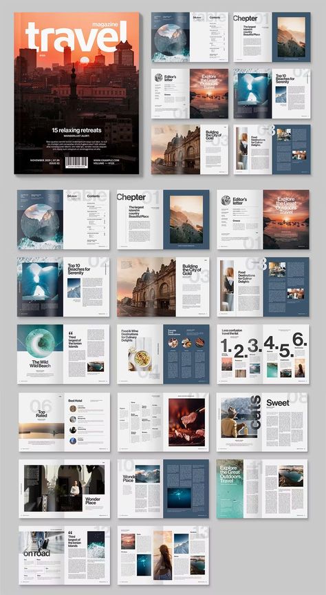 Travel Magazine Template InDesign INDD, IDML. 36 Pages Discover the art of captivating website design with our curated collection! Explore stunning layouts, intuiti Indesign Travel Magazine, Indesign Design Ideas, Booklet Layout Design Inspiration, Digital Magazine Layout Design, Travel Magazine Layout Design Templates, Magazine Index Page Design, Travel Page Design, Book Page Design Ideas, Magazine Design Template