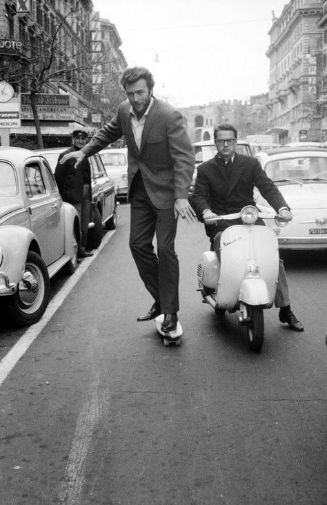 Clint Eastwood skateboarding in Rome, 1964 Photos Rares, Rare Historical Photos, Rare Images, Clint Eastwood, Famous Faces, Rare Photos, Historical Photos, Scooters, Old Hollywood