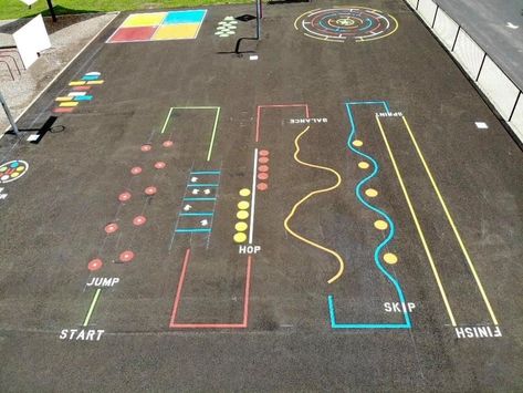 Playground sensory trail for Elementary Schools Hopscotch Ideas Sidewalk Paint, Floor Sensory Path, Sensory Walking Path In School Outside, Preschool Playground Activities, Cute Hopscotch Ideas, Playground Sensory Path, Recess Ideas School Outdoor, Playground Sidewalk Ideas, Chalk Sensory Path