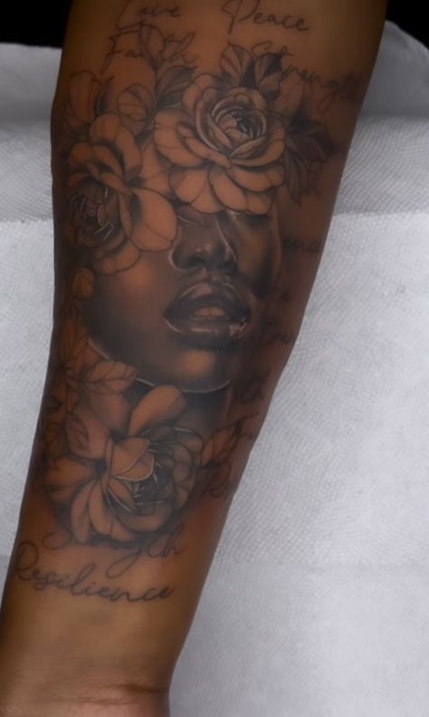 Black Femininity Tattoo, Half Sleeve Black Women Tattoo, Half Face Half Flower Tattoo, Black Woman Tattoo Afro, Black Art Tattoos For Women, Tattoo Roses, Wrist Tattoo Cover Up, Girl Thigh Tattoos, Face Tattoos For Women