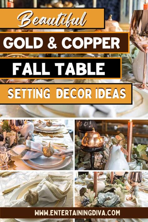 This copper table setting is beautiful! It is perfect for Thanksgiving or fall dinner parties. I love the gold flatware and the centerpiece with vines and copper candles is gorgeous. Copper Thanksgiving Table Setting, Copper Tablescape, Fall Dinner Parties, Table Setting Fall, Themed Tablescapes, Autumn Table Setting, Fall Table Setting, Copper Fall, Dinner Party Table Settings