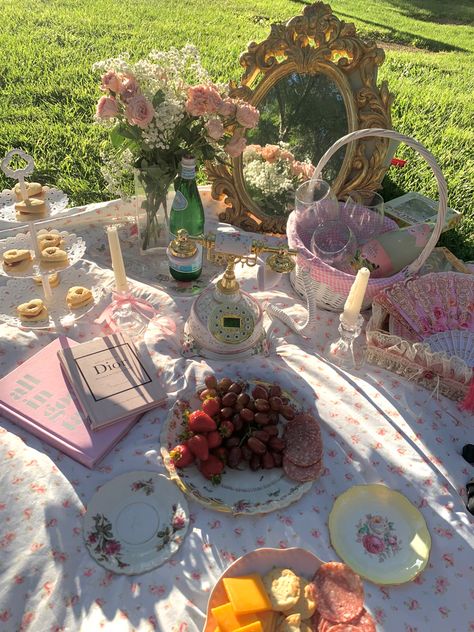 Tea Time Picnic, Pink Tea Party Picnic, Midsummer Tea Party, Fairy Themed Tea Party, Tea Party Cottagecore, Picnic Tea Party Aesthetic, Tea Party In Garden, Tea Party Whimsical, Garden Tea Party Photoshoot