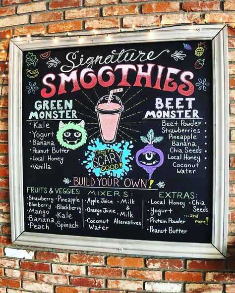 Smoothie Restaurant, Juice Shop Sign Board, Juice Bar Menu Board, Smoothie Chalkboard Art, Drink Menu Chalkboard Bar Signs, Summer Restaurant Chalkboard, Bar Chalkboard Ideas, Bar Chalkboard, Smoothie Menu