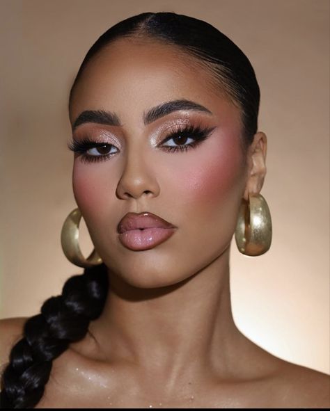 Understated Glam Makeup, Pink Dress Gold Accessories, Pink Toned Makeup Looks, Makeup Ideas Color, Pink Lip Wedding Makeup, Pink Eye Makeup Simple, Brown And Pink Makeup Looks, Shimmer Bridal Makeup, Pink Undereye Makeup