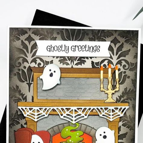 Samantha Pfrimmer on Instagram: "I was so excited to get the new @honeybeestamps Lovely Layers Fireplace  and the Falloween Fireplace Add-on that I couldn’t wait to create a spooky-cute scene.

I adore the ghost in his wingback chair!

Additional products include:
Vintage Flourish Stencil
Haunted House Add On

#honeybeestamps 
#halloweencards #halloweencard 

#cutecards
#cardmakersofinstagram 
#cardmakingideas 
#diycards
#cardmaking #cardmaker
#papercrafting 
#papercrafts #papercrafter 
#handmadecards
#cardmakinghobby
#stamping #crafting" Diycards Cardmaking, House Card, Honey Bee Stamps, Halloween Card, House Of Cards, The Ghost, Halloween Cards, Card Maker, Wingback Chair