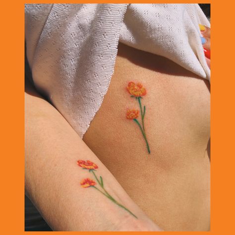 simple colorful flower tattoos matching tattoos orange red green yellow colors Tiny Colorful Flower Tattoos, Mini Flower Tattoos Color, Orange Tattoo Color, Orange Colored Tattoo, Orange Flowers Tattoo, Simple Colored Tattoos, Orange Ink Tattoo, Orange Poppy Tattoo, Orange Tattoo Ink