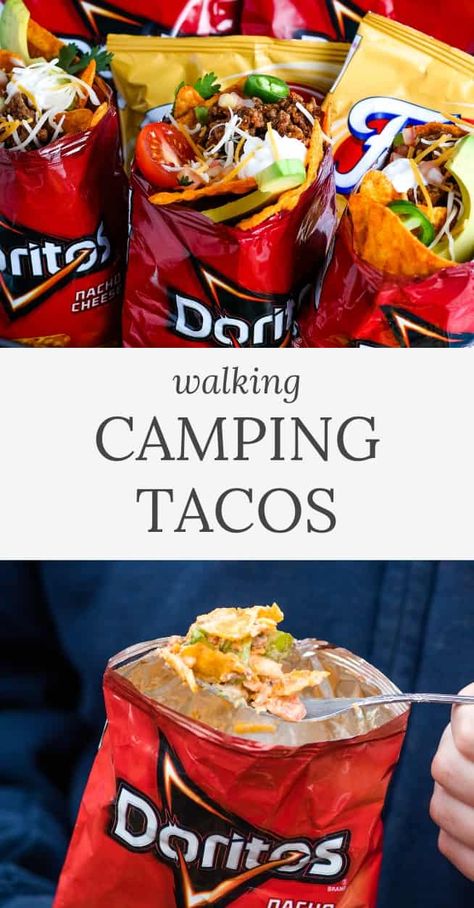 Learn how to make the best camping tacos for a simple and easy campfire dinner. You can make walking tacos right in a bag with taco meat and all your favorite toppings. The whole family, all ages, will absolutely love it! Walking Tacos In A Bag, Camping Tacos, Tacos In A Bag, Tent Camping Food, Campfire Cooking Recipes, Walking Tacos Recipe, Taco In A Bag, Campfire Dinners, Camping Lunches