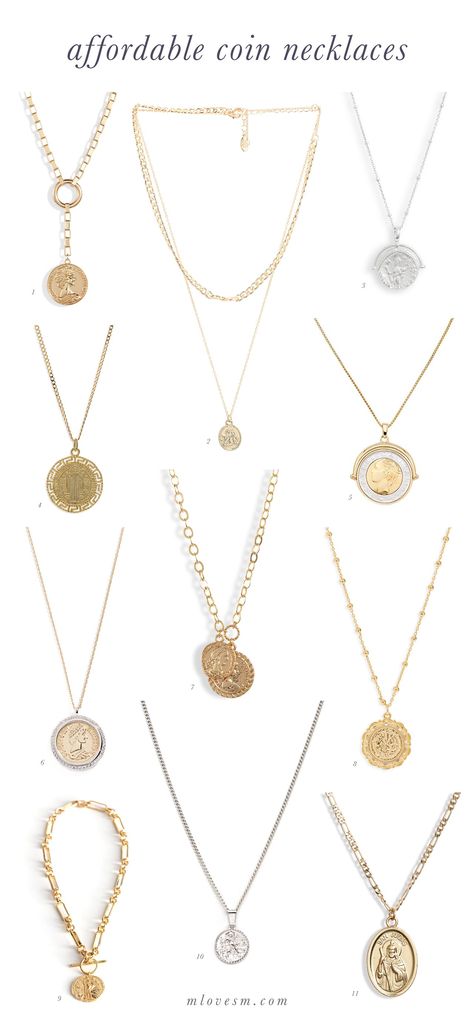 Affordable Coin Necklaces For Any Budget | M Loves M Luxury Coin Pendant Necklace For Statement Jewelry, Gold Coin Necklace Design, Coin Necklace Outfit, Luxury Coin Pendant Necklace As Statement Piece, Luxury Metal Necklace With Coin Pendant, Luxury Chain Necklace With Coin Pendant, Luxury Symbolic Coin Pendant Necklace, Coin Jewelry Necklace, Gold Coin Jewelry