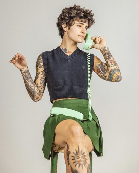 Vasiliki Halastaras, Nonbinary Aesthetic, Genderqueer Fashion, Hear Your Voice, Men Wearing Skirts, Pick Up The Phone, Gay Fashion, Queer Fashion, Human Poses Reference