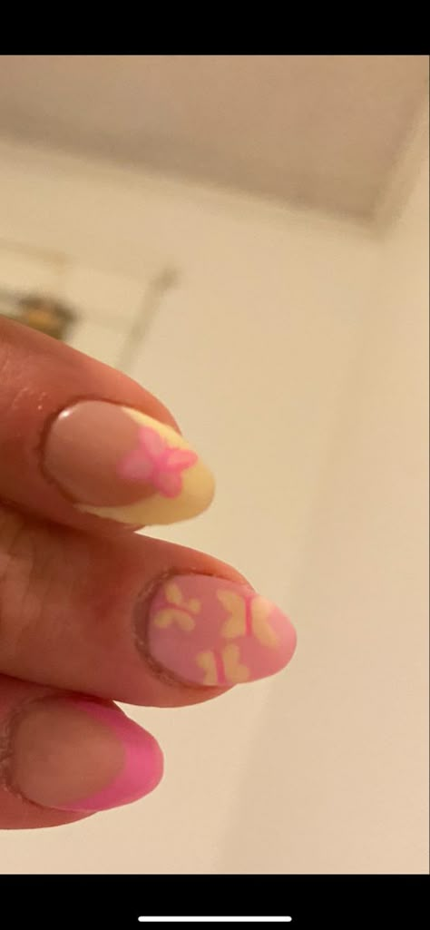 Fluttershy Nails, Fluttershy Makeup, Yellow Butterfly Nails, Mlp Nails, Pink And Yellow Butterfly, Mom Nails, Beauty School Dropout, Nails For Summer, N Nails