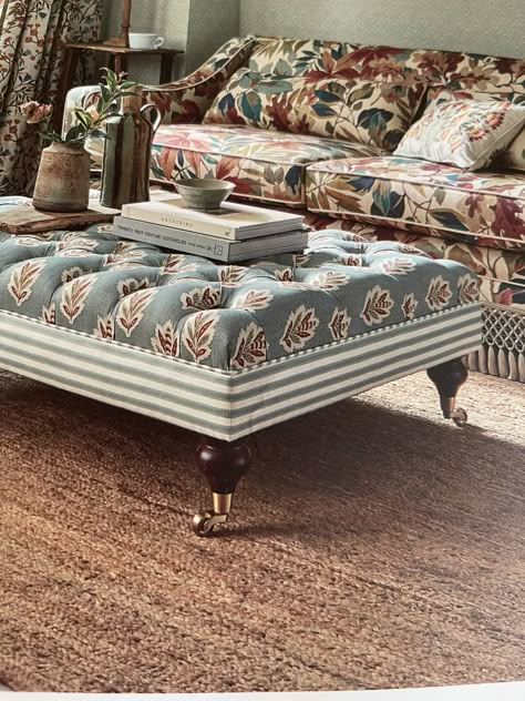 Patterned Sofas, Chesterfield Ottoman, English Ottoman, Parisian Living Room, Diy Ottoman, Traditional Desk, Family Room Makeover, Upholstered Ottoman, Furniture Upholstery