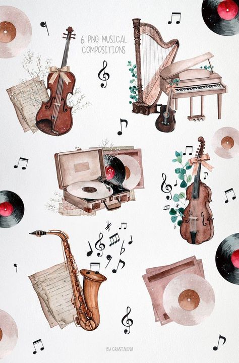 Watercolor Musical Instruments Clipart. Vintage Music Clip Art. Watercolor Music Clip Art, Music Illustrations Musical Note - Etsy Music Clip Art, Musical Instruments Clipart, Watercolor Music, Musical Instruments Drawing, File Decoration Ideas, Dance Wall Art, Clipart Vintage, Music Illustration, Music Stickers