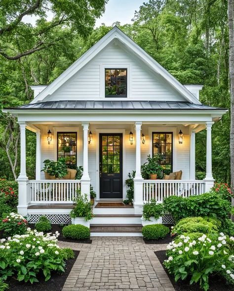 Tiny Home Ideas Tiny Ranch House, Tiny House With Porch, Farmhouse Tiny House, Tiny Home Ideas, Cabin Painting, Small Cottage Designs, Farmhouse Home Design, Mini Farmhouse, Small White House