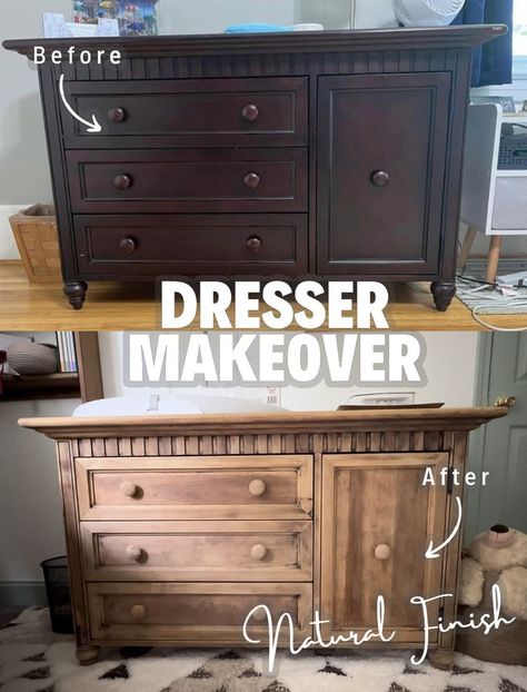 I’m transforming a wood dresser for our baby's nursery. Join me as I breathe new life into this dated, cherry stained dresser. In this video, I’ll take you through how to remove furniture finish and stain along with sanding and staining. Whether you’re a beginner or a seasoned DIY-er, this step-by-step guide will give you the tools and confidence to try it out for yourself. Prepare to be amazed as this dated, worn-out dresser undergoes an incredible transformation! Diy Wood Dresser, Cherry Wood Dresser, Cherry Bedroom Furniture, Stained Dresser, Cherry Wood Furniture, Dresser Refinish, Furniture Finish, Bleached Wood, Cherry Stain